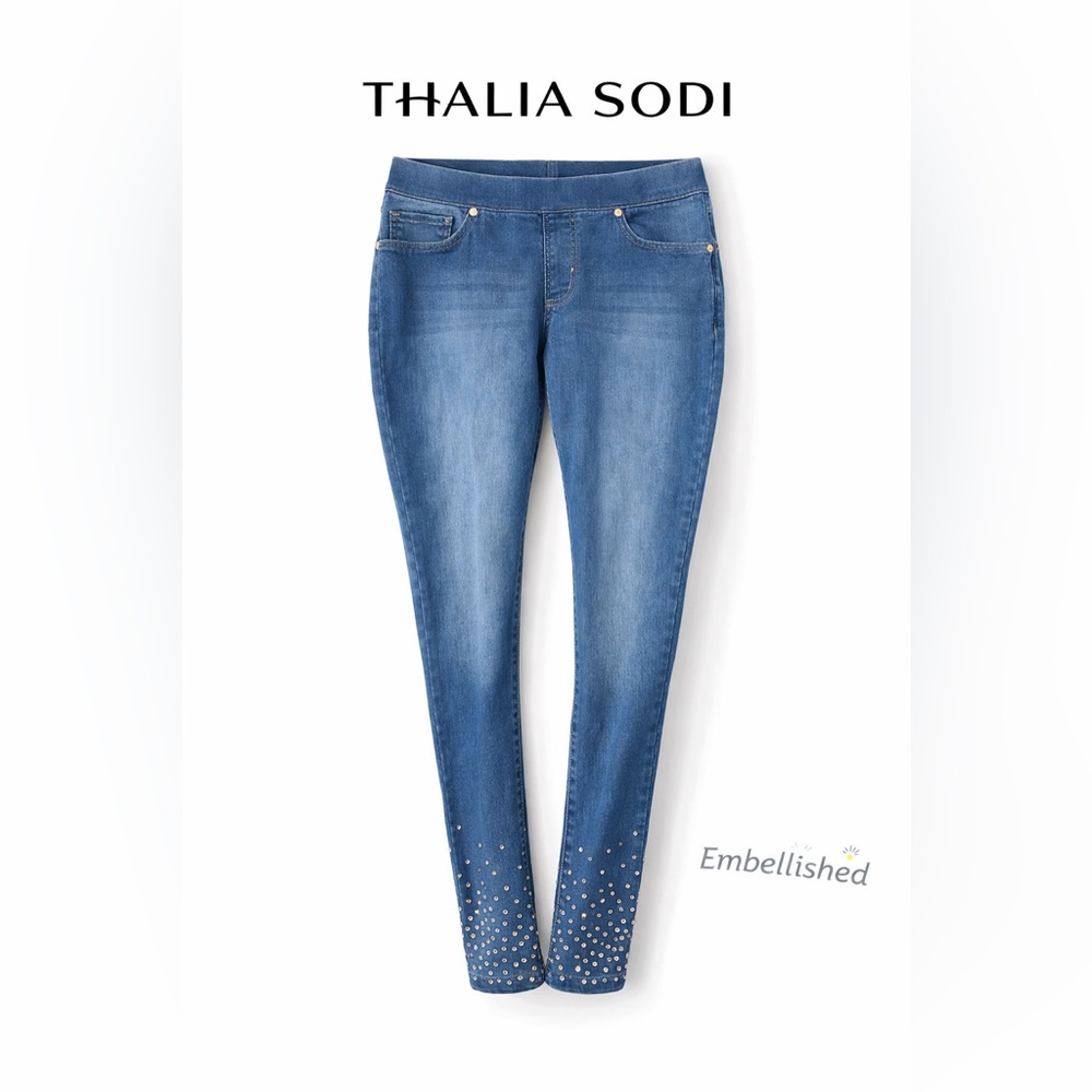 Thalia Sodi Pull On Jeggings Medium Blue Rhinestone Ankle Skinny Stretch Jeans